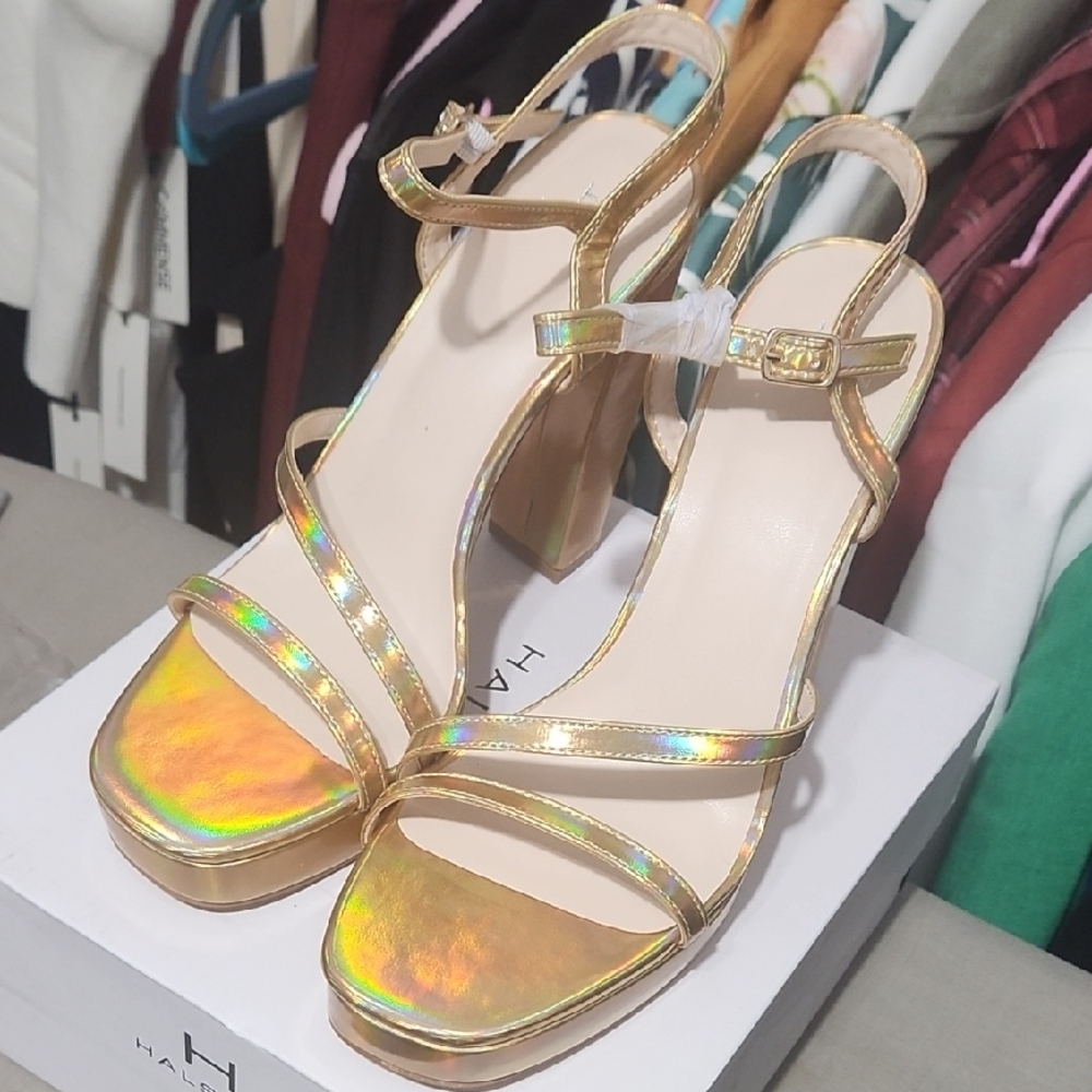 H by Halston Gold Iridescent Strappy Sandals